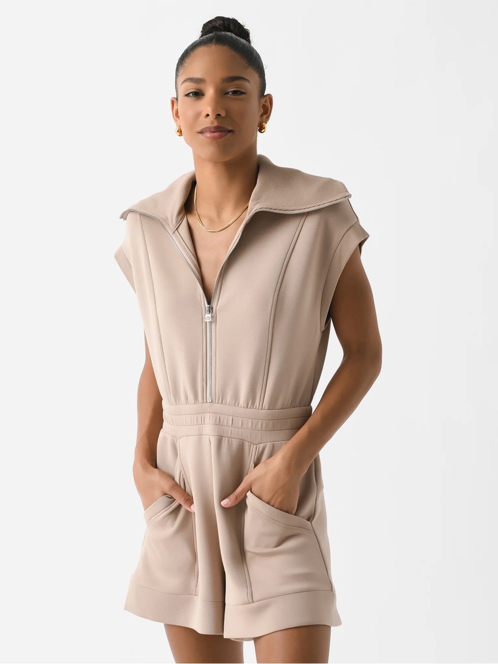 Varley Pamela Playsuit DoubleSoft Zip Front Romper Taupe Small